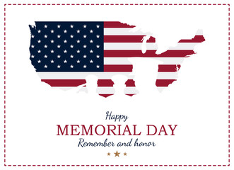 Happy Memorial Day. Greeting card with USA flag and map with silhouette soldiers on the background. National American holiday event. Flat vector illustration EPS10