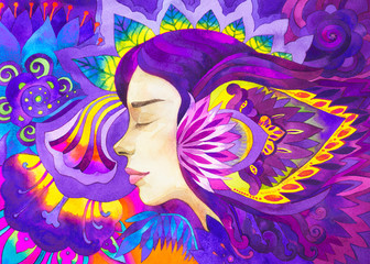 Dipinto bella donna acquerello viola
