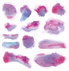 Hand drawn watercolor stain set. Vibrant blue, pink, violet and purple colors. Brush strokes, stains, blurs, spots, smears and clouds. Cotton candy and bubble gum background element isolated on white.
