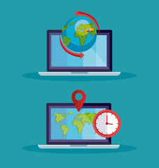 set of computers with icons logistic vector illustration design