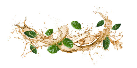 tea wave splashing with tea leaves, isolated on white.