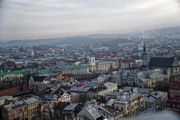 Lviv panorama. Aerial view on the old centre of Lviv in Western Ukraine, with on the left the Uspensky church and on the right the Dominican church and the Town Hall