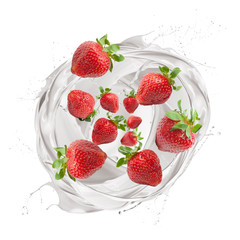 milk wave splashing with strawberries, isolated on white background