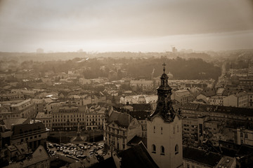 Sepia Church dome tower in Lviv, the European city of Culture