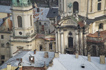Lviv panorama. Aerial view on the old centre of Lviv in Western Ukraine, with on the left the Uspensky church and on the right the Dominican church and the Town Hall - 331210139