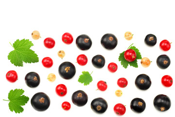 mix of red currant and black currant with green leaf isolated on a white background. healthy food. top view