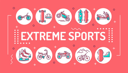 Extreme sport lettering typography. Activities perceived as involving a high degree of risk. Infographics with linear icons on pink background. Creative idea concept