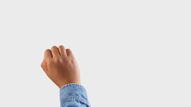 mixed race deep skin tone male hand makes a swipe up gesture on white. one click keying background