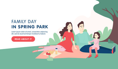 Happy family at picnic in park. Young smiling man woman and kid eating food on geen grass. Flat cartoon vector illustration. Banner, site, landing design.