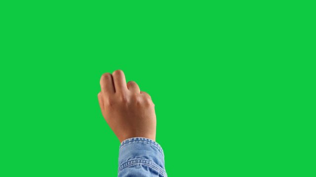 mixed race deep skin tone male hand makes a scroll up with two fingers gesture on white. one click keying on chromakey green background