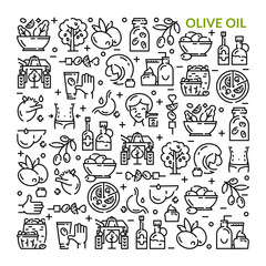 Olives. Olive oil. Set of linear icons.