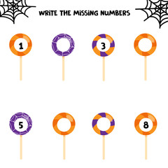 numbers. Printable for halloween party. Educational game for children. Halloween sweet lollipops.