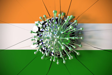 Virus breaks wall with flag of India. Coronavirus outbreak related conceptual 3D rendering