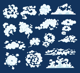 Obraz premium Comic smoke cloud templates. Smoking cartoon steam clouds, smoke from cigarettes, fire, fog, smoking cigarette cofee steam. Vector illustration isolated.