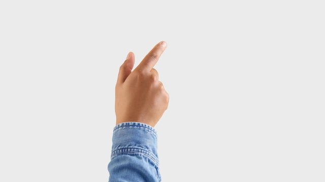 mixed race deep skin tone male hand makes a swipe to the right with one index finger forefinger gesture on white. one click keying background