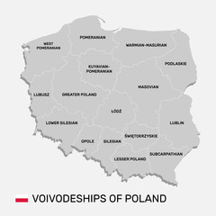 Naklejka premium Map of Poland with the borders of the voivodeships. Poland flag. Silhouette or borders for geographic themes - Vector