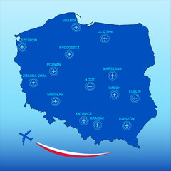 Airports in Poland with commercial passenger services. Map of Poland on a gradient background. Vector