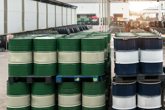 Gasoline barrels stacked in a warehouse