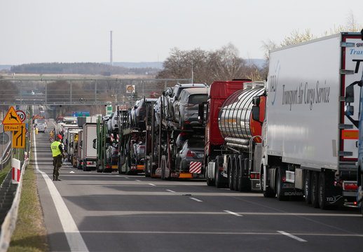 A lorry traffic jam is seen at the Polish-German border during the spread of coronavirus disease (COVID-19) in Kolbaskowo