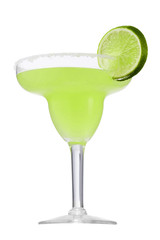 Margarita cocktail with ice cubes is contained in a margarita glass with a lime circle and salt on the rim. The showy illustrative picture is made on the white background.