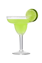 Margarita cocktail with ice cubes is contained in a margarita glass with a lime circle and salt on the rim. The showy illustrative picture is made on the white background.