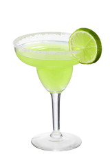 Margarita cocktail with ice cubes is contained in a margarita glass with a lime circle and salt on the rim. The showy illustrative picture is made on the white background.