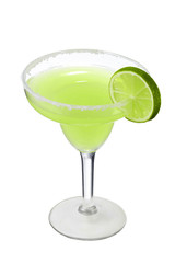 Margarita cocktail with ice cubes is contained in a margarita glass with a lime circle and salt on the rim. The showy illustrative picture is made on the white background.