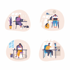 Set of flat vector illustrations - people sitting at desk with laptops and working at home. Remote job illustration concept- trending working from home idea.