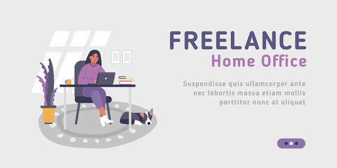 Web landing page template for freelance, work at home, online jobs and home office. Vector illustration on the grey background of young woman sitting at desk with laptop.