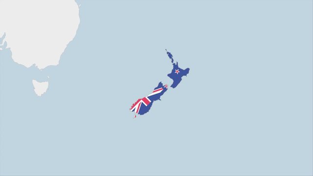 New Zealand map highlighted in New Zealand flag colors and pin of country capital Wellington.