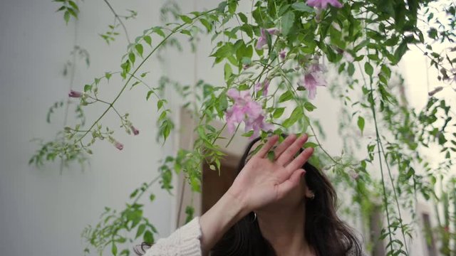 Slow motion shot of young woman walking under pink flowers