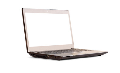 Left side view of Black laptop computer with blank screen, isolated on white background with clipping path.