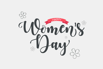 Happy Women's Day!  Vector lettering illustration with flowers on grey background. 