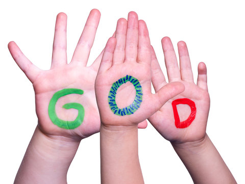Children Hands Building Colorful Word God. White Isolated Background