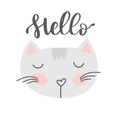 Baby vector poster, nursety illustration, cute cat face with hand lettering text Hello.