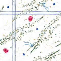 Watercolor seamless pattern with branches, blades of grass, flowers. 