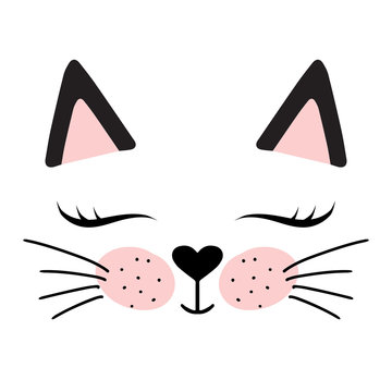 Cat face character design. Cute white kitten print for tshitr, notebook, tote bag. Vector illustration for greeting card, invitation.