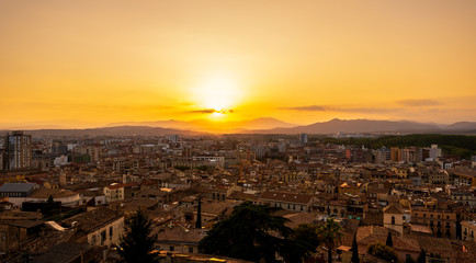Panoramic landscape of the medieval city of Girona with the Cathedral of Gerona,Catalonia,Spain