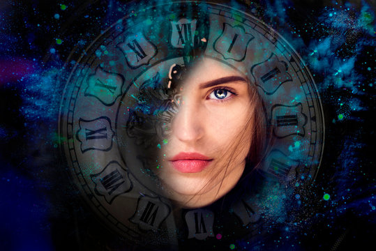 Beautiful woman with blue eyes on a background of space and a vintage watch