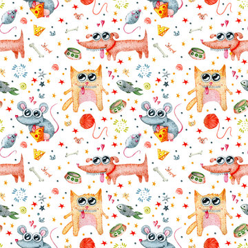 Watercolor cute and crazy cat, dog and mouse. Hand painted watercolor illustration isolated on white background. Design for baby nursery, fabric, wrapping paper, textile, kids clothes cloth