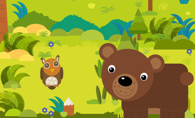 cartoon scene with different european animals in the forest illustration