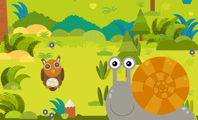 cartoon scene with different european animals in the forest illustration