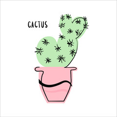Cartoon Cactus. Vector bright blooming cacti in a ceramic pot. Colored, bright cactus flowers on a white background. Flat style