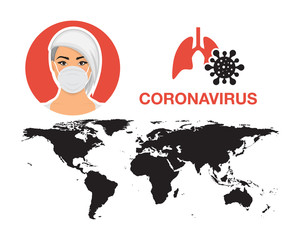 Woman wearing protective medical mask for prevent coronavirus. Lung disease. World map. Cartoon Illustration.