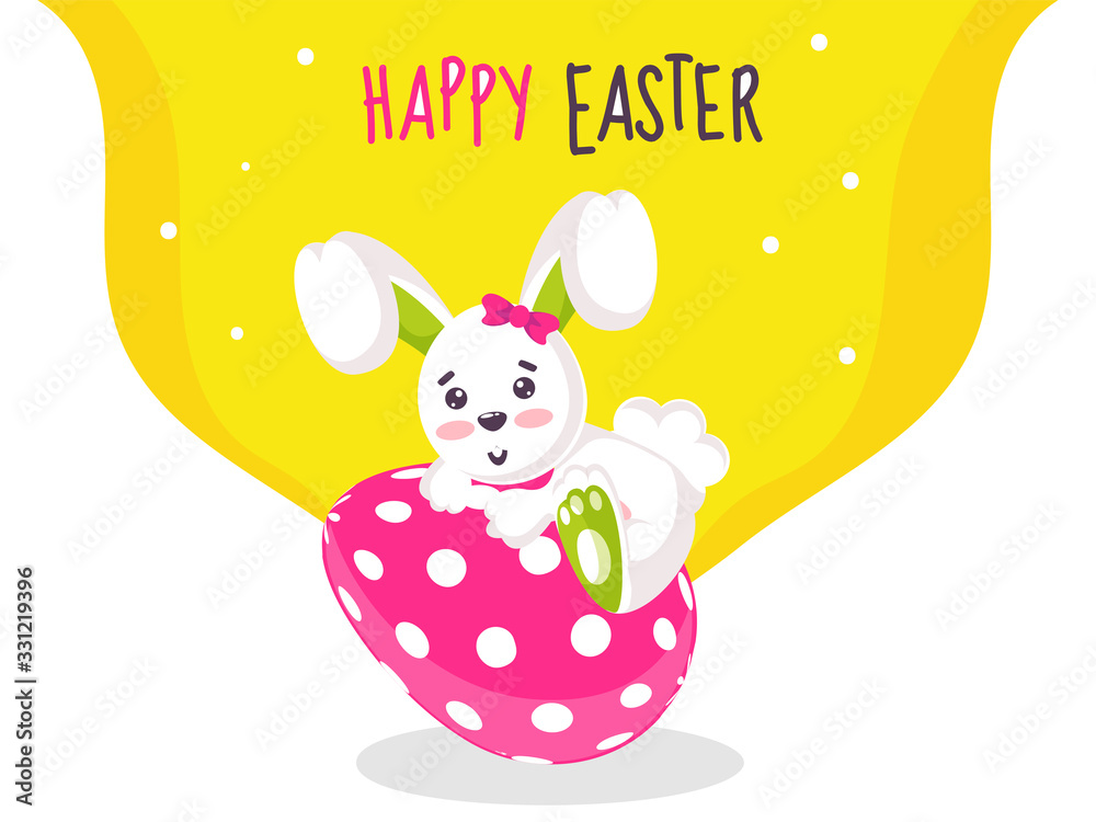 Poster cartoon bunny climbing on pink painted egg and yellow abstract background for happy easter celebrati