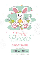 Easter Brunch Invitation, Template or Flyer Design with Cartoon Bunny holding Chick Bird and Event Details.