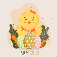 Happy Easter Celebration Concept with Cute Chick, Eggs and Leaves on White Background.