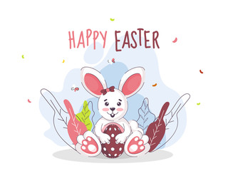 Happy Easter Text with Cartoon Bunny holding Egg in Sitting Pose, Butterflies and Leaves on White Background.
