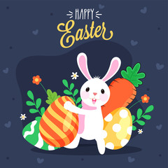 Cartoon Bunny holding Painted Eggs with Flowers, Leaves and Carrot on Grey Hearts Background for Happy Easter Celebration.