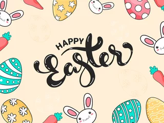 Zelfklevend Fotobehang Happy Easter Calligraphy on Pastel Brown Background Decorated with Cartoon Bunny Face, Carrot and Painted Eggs. © Abdul Qaiyoom